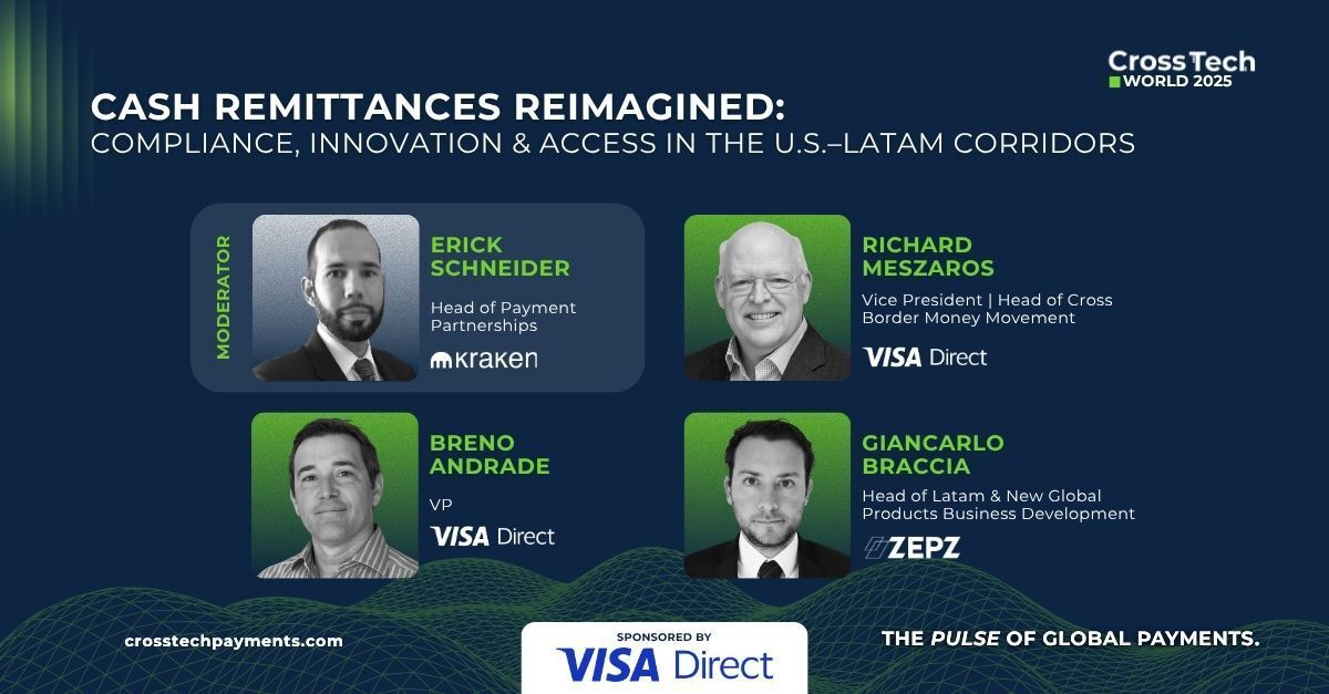 Join us for the Panel "Cash Remittances Reimagined: Compliance, Innovation &amp; Access in the U.S.–Latam Corridors" 

 • Erick Schneider — @Krakenfx
 • Richard Meszaros — @VisaDirect
 • Breno Andrade —  @VisaDirect
 • Giancarlo Braccia— Zepz

🎟️ Don’t miss it!