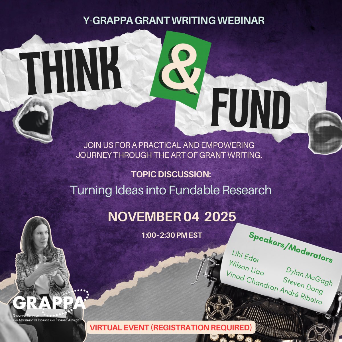Ready to turn your idea into a fundable research project?
Join the Y-GRAPPA Grant Writing Webinar — a 90-minute interactive session with top mentors in psoriatic disease research.
💡 Learn how to frame, write &amp; fund your next big idea.

👉 Register here: us02web.zoom.us/webinar/regist…