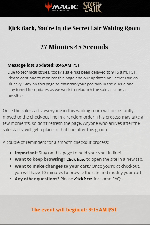AtriumXP's tweet photo. @90sEraRudy @MTGSecretLair Also, it's now been pushed out to 12:15 ET LOL https://t.co/6PRhQz4OlK