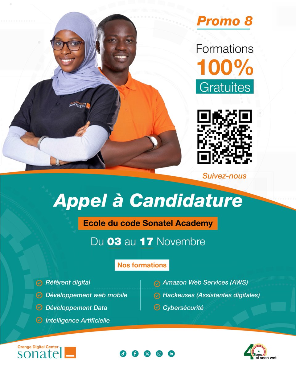 Appel à Candidature – Promotion 2026 | École du Code Sonatel Academy
L’École du Code Sonatel Academy ouvre les candidatures pour sa Promotion 2026 !

📅 Période de candidature : du 03 au 17 novembre 2025
🔗 Inscription : orangedigitalcenter.sn

#Appelàcandidature
#ECSA2026