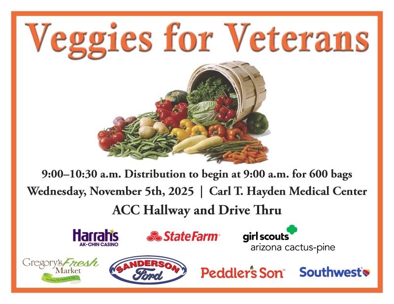 This Wednesday, Veggies for Veterans will provide free fresh produce to veterans and their families at Carl T. Hayden Medical Center.

📍 Wednesday, November 5 | 9:00 a.m.
📅 Carl T. Hayden Medical Center | 650 E. Indian School Rd.

Thank you to Gregory's Fresh Market and all the