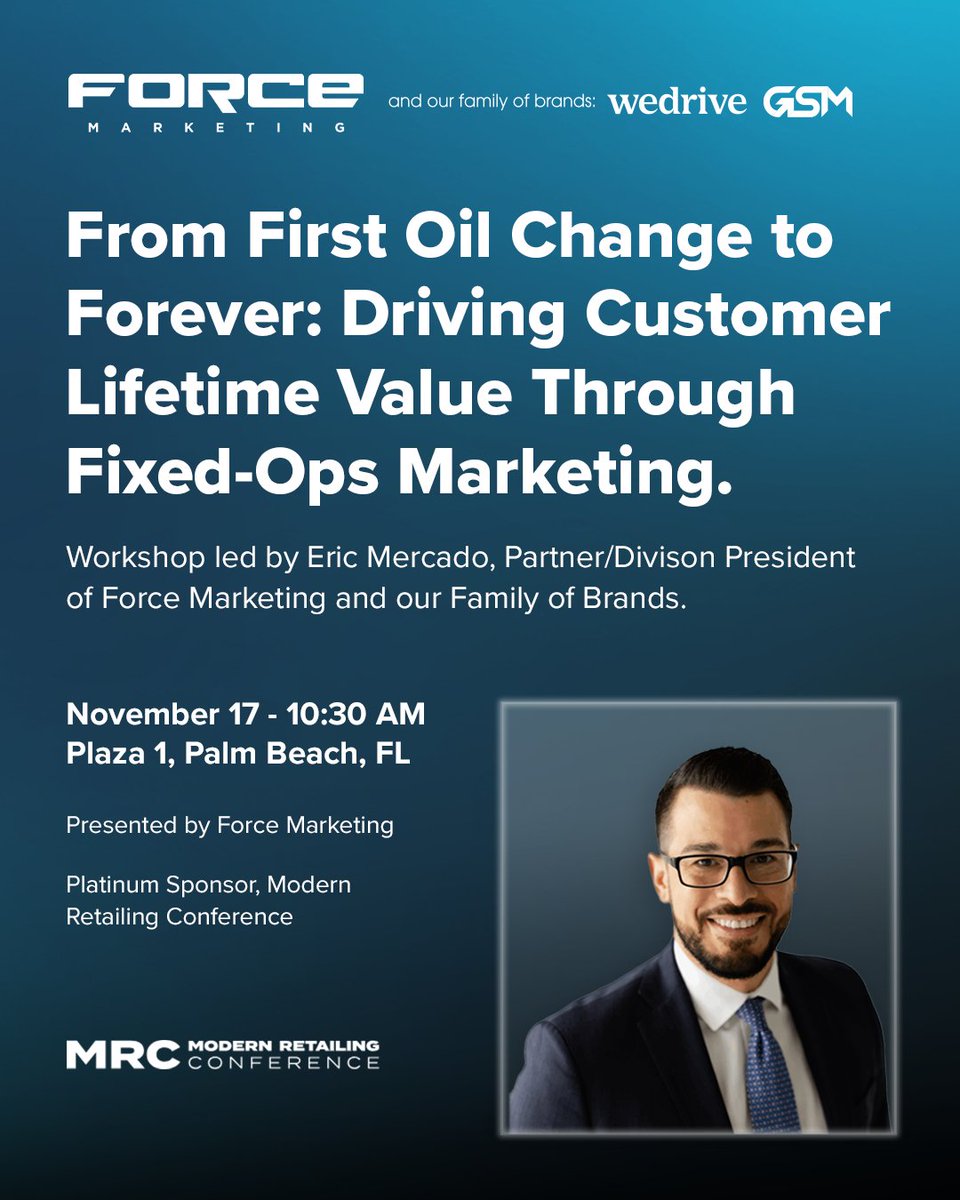 Two weeks until #ModernRetailingConference

On Nov 17, Force Marketing Partner/Division President Eric Mercado leads From First Oil Change to Forever—how dealers use first-party data + CDP strategies to turn service visits into lifetime value. 

bit.ly/4oQu0NO