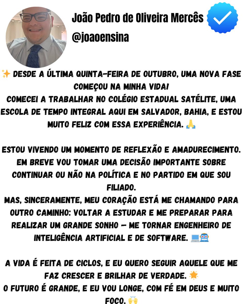 JoaoEnsina's tweet image. 🚀 Nova fase, novos sonhos, o mesmo coração!

#NovaFase #futuro #Gratidão #trabalho #Engenharia #InteligenciaArtificial #Software #Salvador #Bahia #Sonhos #Fé #Determinação 

Por Favor Compartilhe e me siga