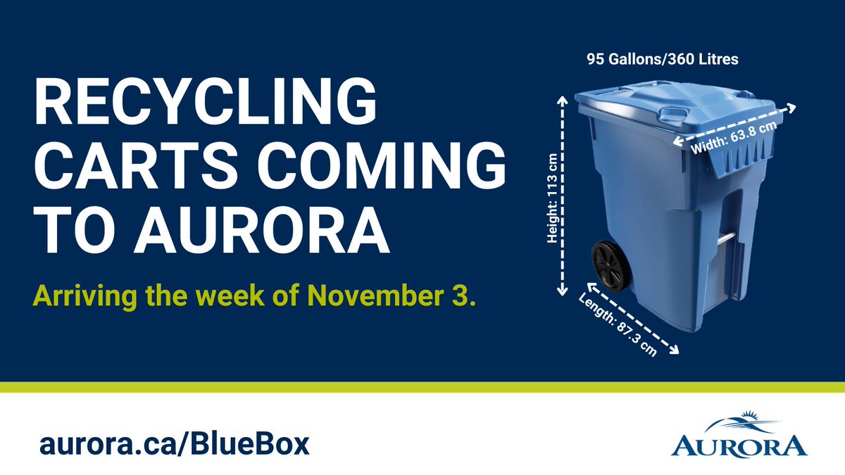 Starting this week, GFL will begin delivering new wheeled recycling carts to homes across Aurora. ♻️

By Dec 31, 2025, all recyclables must go in the new cart for curbside pickup.

Questions? Call GLF at 1-833-779-435.

Learn more and view our FAQ's at aurora.ca/BlueBin