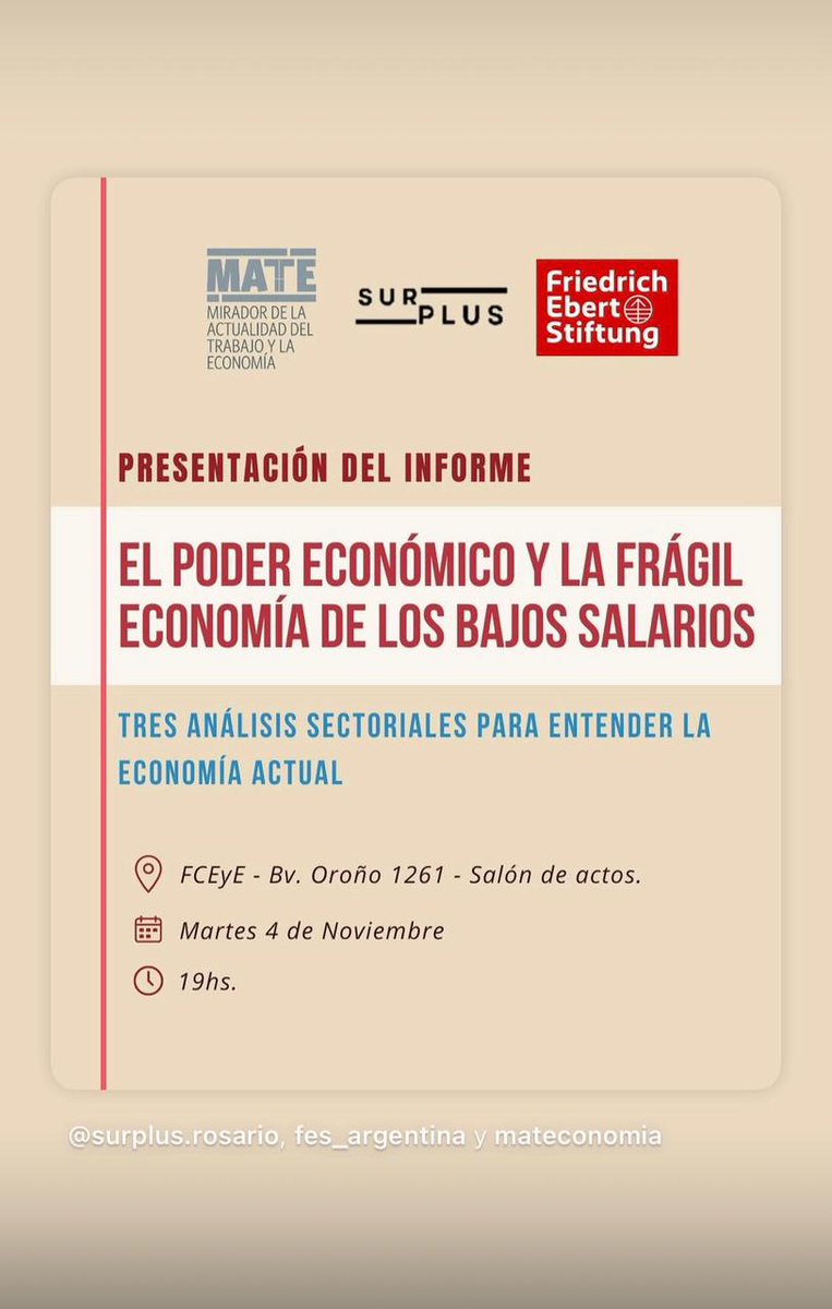 Mañana, 19hs en el Salón de Actos de la FCEyE, el <a href="/MatEconomia/">Mirador de Actualidad del Trabajo y la Economía</a>  presenta su último informe 📋:

"El Poder Económico y la Frágil Economía de los Bajos Salarios"

Una producción que plantea una explicación alternativa de la Restricción Externa 🌎 y del Desmejoramiento Economico 📉.
