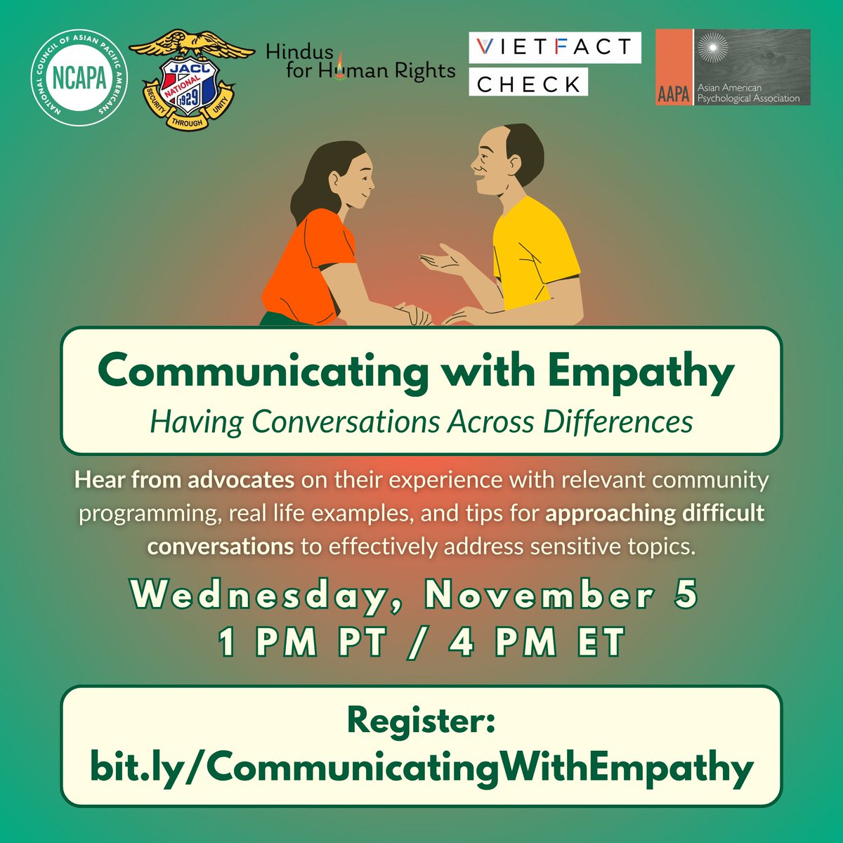tayohelp's tweet image. #PartnerEvent: @NCAPAtweets is hosting  &quot;Join Communicating with Empathy: Having Conversations Across Differences,&quot; panel to share tips, perspectives, and strategies for approaching difficult conversations.

11/5 at 1pm PT / 4pm ET
bit.ly/CommunicatingW…