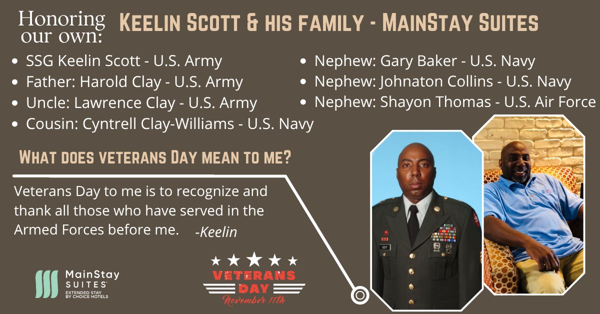 FortWoodHotels's tweet photo. Today, we honor Keelin from our MainStay Suites family, a proud U.S. Army Veteran whose family’s service runs deep.

With his father and uncle also serving in the Army, a cousin and two nephews in the Navy, and another nephew in the Air Force, the strength of three branches of the military are proudly represented in his family.

We’re grateful to Keelin and the generations of heroes in his family for their dedication and service to our nation. ❤️🤍💙

#VeteransDay #FortWoodHotels #MainStaySuites #ArmyStrong #ProudMilitaryFamily #ThankYouVeterans #WeAreFamily