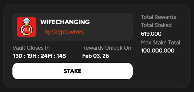 New Staking Vault is up right now!

Go stake your <a href="/CryptoWives/">Crypto Wives 👰🏻‍♀️</a> wife changing runes and get rewards, is that easy 🫡