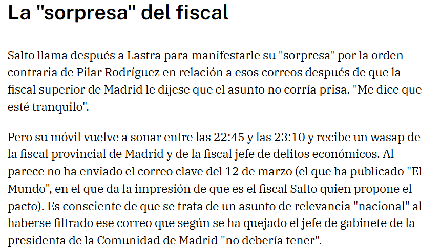 FroilLannister's tweet photo. 13 de marzo de 2024. Cronología.

23:22: El fiscal Salto manda los correos que se ha intercambiado en fechas anteriores con la defensa de González Amador a Pilar Rodríguez por petición urgente del Fiscal General, "que no puede esperar".
23:46 h: Pilar Rodríguez reenvía cadena completa a García Ortiz a su correo personal.
23:51 h: Cadena SER publica extractos del correo del 2 de febrero.
 A continuación: García Ortiz elabora borrador de nota de prensa para "ganar el relato".

Después hay algunos que dicen que no hay indicios claros de que el Fiscal General fuera el que filtró los correos del abogado de la Fiscalía con la defensa de Amador.