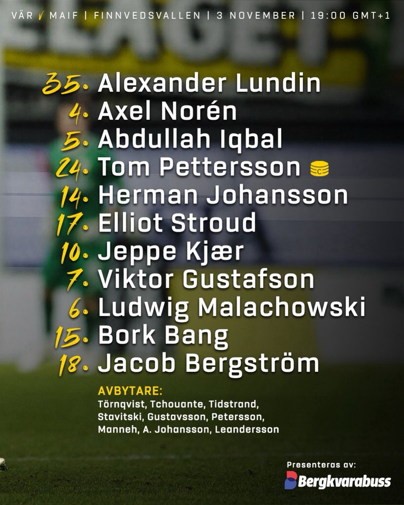 📋 | Start XI 💛🖤

🆚 IFK Värnamo
🏟️ Finnvedsvallen
🗓️ Måndag 3 November
🕖 19:00 
🎟️ ifkvarnamo.ebiljett.nu 
📺 Max

🏥 Ludvig Svanberg, Tony Miettinen och Måns Isaksson är under rehab. Uba Charles är sjuk. 

#MjällbyAIF #Allsvenskan2025