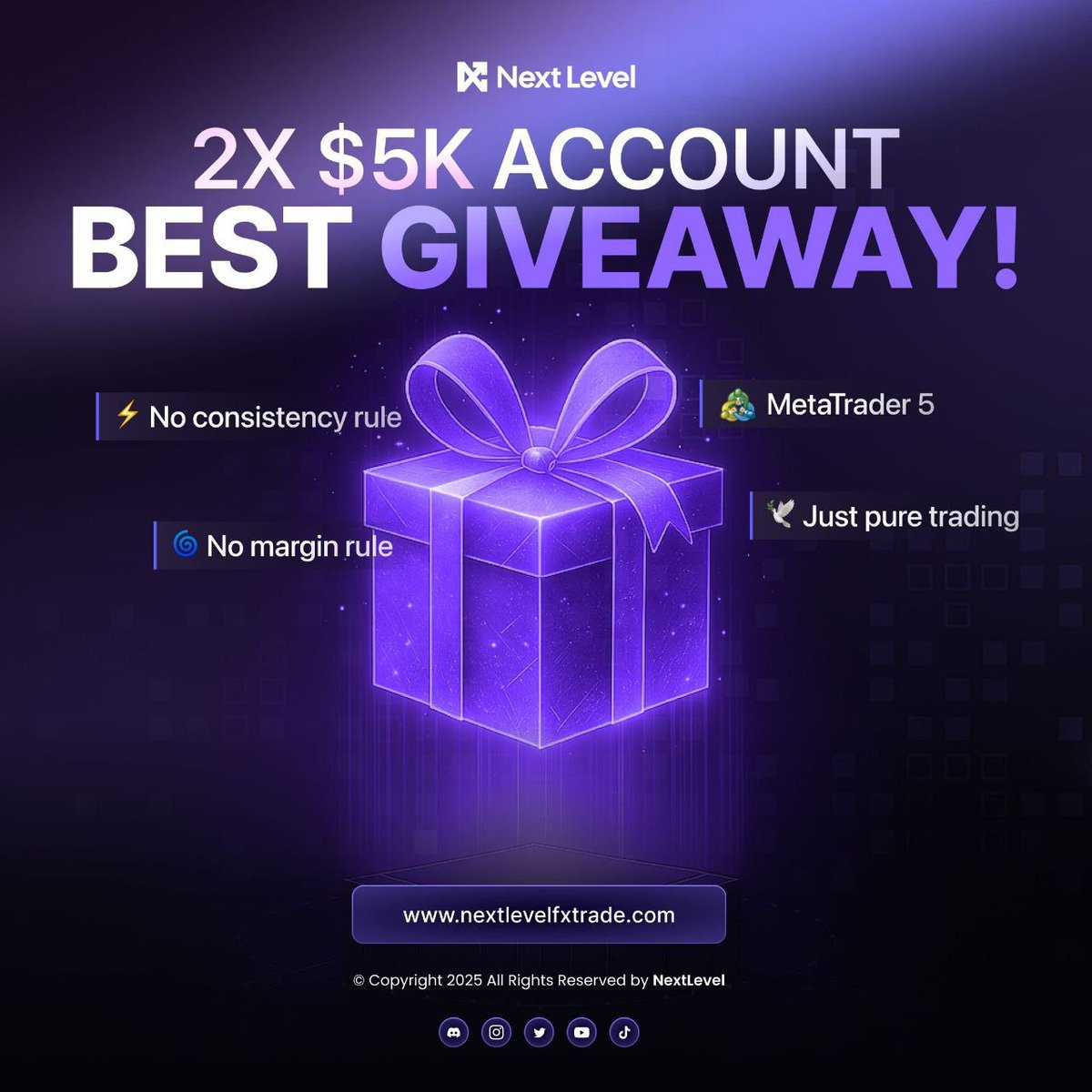🚨 GIVEAWAY ALERT! 🚨

 2 x $5,000 

Here’s how to enter:

1️⃣ Follow <a href="/next_level_prop/">Next Level FX Prop</a>, <a href="/DraxonLT/">Draxon</a>, and @prop_partner &amp; <a href="/BindawaOfficial/">ISMAIL BINDAWA 📊</a>
2️⃣ Like &amp; share this post
3️⃣ Tag a friend who would love to win! 👇

Sign up here:
checkout.nextlevelfxtrade.com/?ref=BindawaOf…

Also follow:
<a href="/Aeroonfx/">MIRNGA FX📊🛜</a> 

72 hours