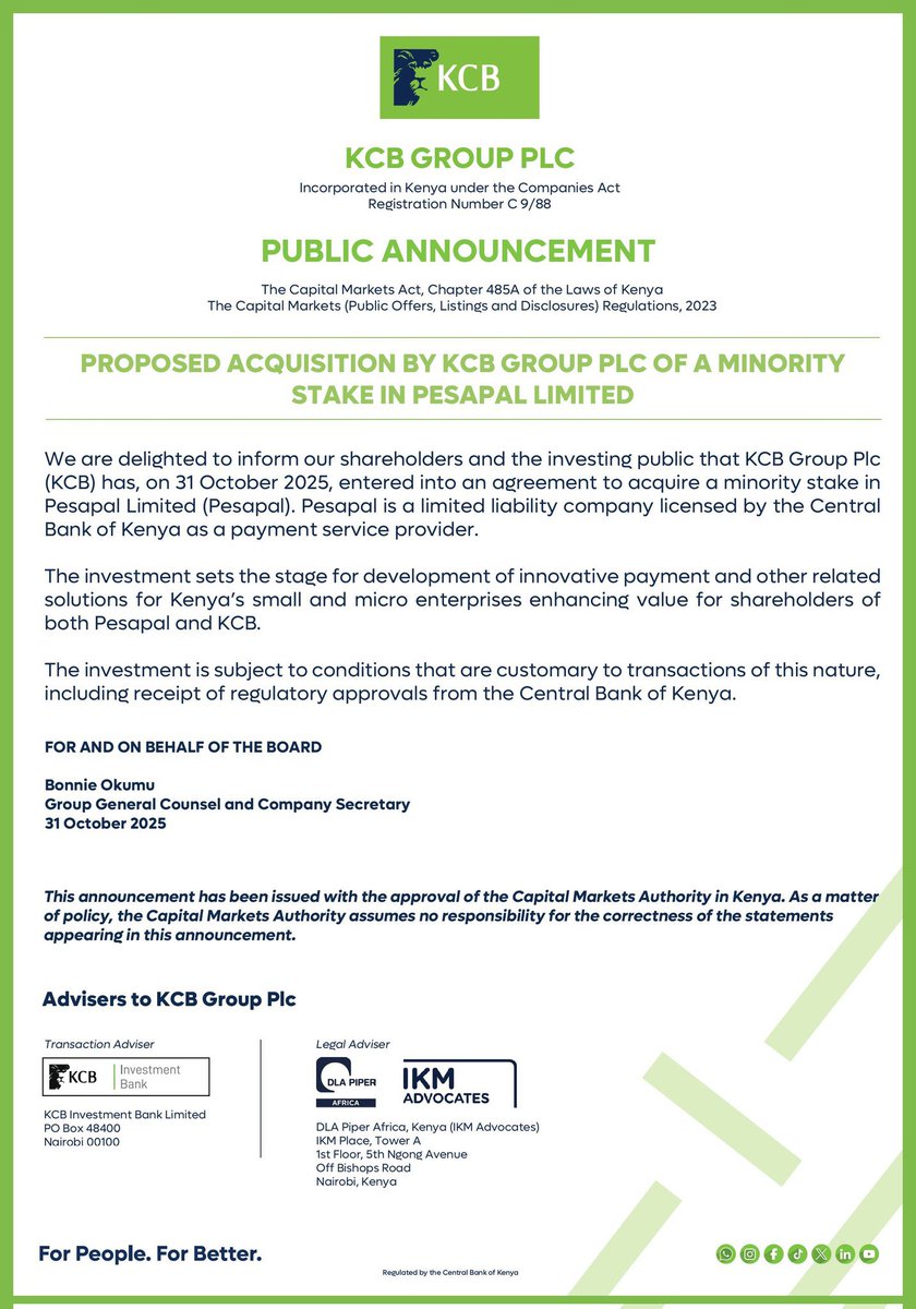 .<a href="/kcbgroup/">KCB Group Plc</a> has signed an agreement to acquire a minority stake in <a href="/Pesapal/">Pesapal</a>, subject to customary conditions and <a href="/CBKKenya/">Central Bank of Kenya</a> regulatory approval.