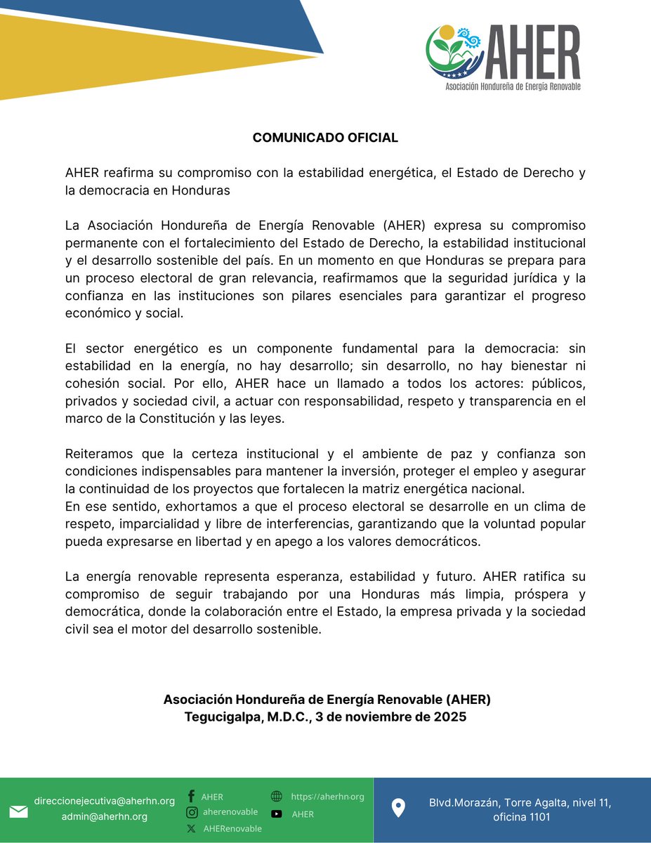 La energía renovable es sinónimo de estabilidad, desarrollo y futuro para Honduras.
AHER reitera su compromiso con la democracia, el Estado de Derecho y el progreso del país.
🤝 Unidos por una Honduras más limpia, próspera y democrática.