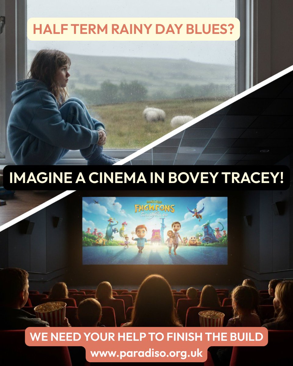 BoveyParadiso's tweet image. Struggling for half term ideas?

🎬 Imagine a cinema in Bovey Tracey — family films, popcorn, rainy day fun.

We’re building it. With your help.
Support the dream 👉 bit.ly/boveycinema

#CinemaForBovey #HalfTermFun #CommunityCinema