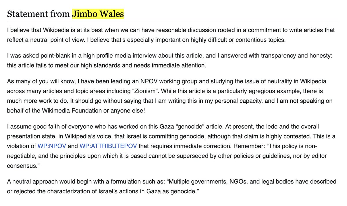 Jimmy Wales wades into the Israel-Palestine war on Wikipedia. Hope he's got his gaiters on, because it is swampy in there!

Here's what you need to know: 

1. Yesterday, Jimmy Wales posted in the Talk pages on the "Gaza Genocide" article on Wikipedia a lengthy statement.

Wales