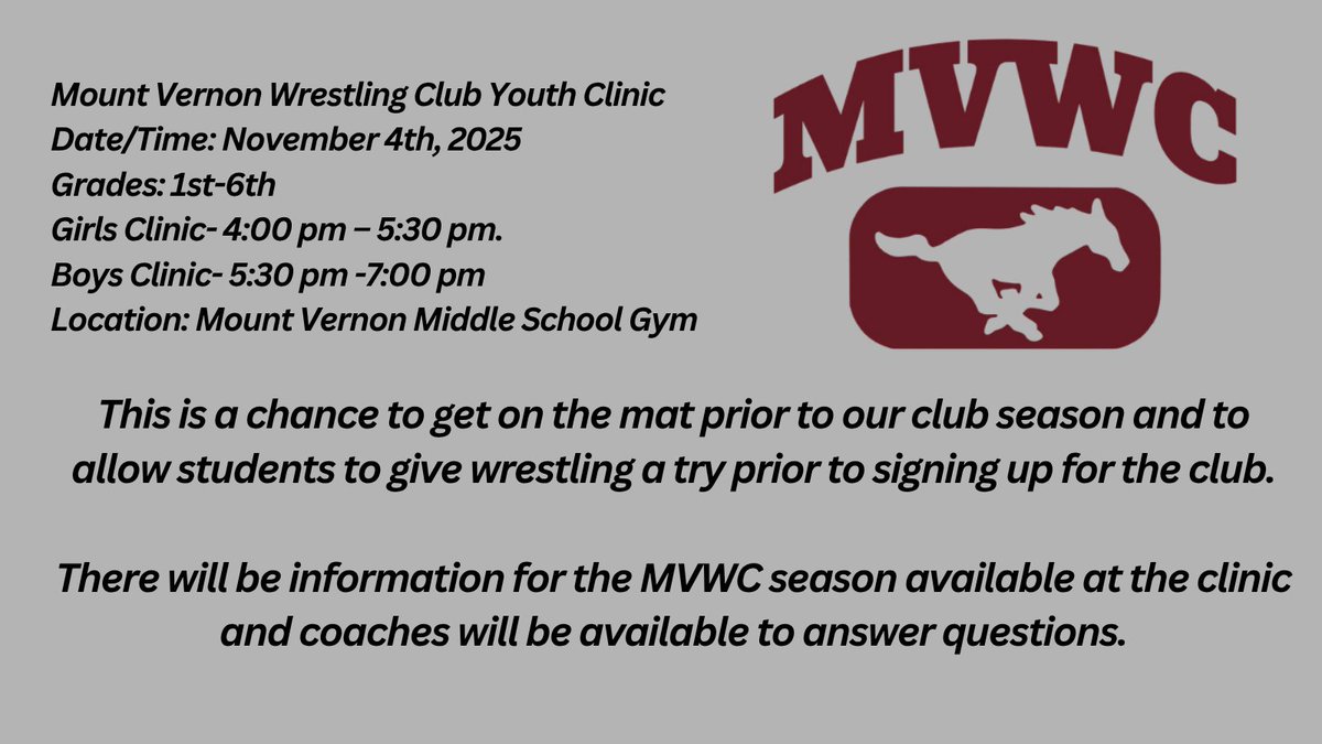 MVWC Pre-Season Clinic 
Tuesday, 11/4 
Girls 4:00-5:30
Boys- 5:30-7
Mount Vernon Middle School
No Registration
No Charge
Just show up and get some mat time in 💪