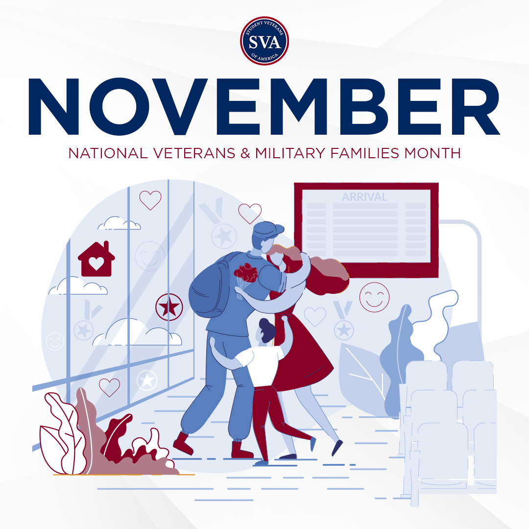 studentvets's tweet image. November is National Veterans and Military Families Month, a time to honor those who serve and the loved ones who stand beside them.

#StudentVeterans #MilitaryFamiliesMonth #VeteransMonth #SVALeads