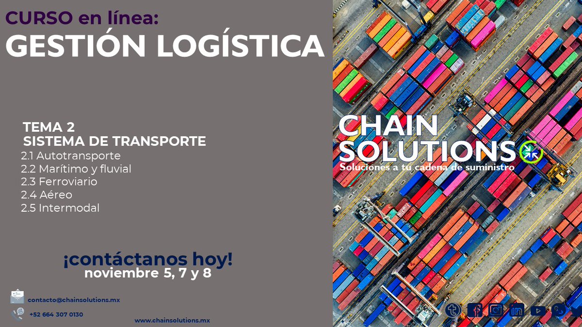 ¡Inscríbete ahora mismo y prepárate para revolucionar tu futuro profesional! 📷📷 #cursoenlinea #gestiónlogística #ChainSolutions #CarreraExitosa
¿Por qué este curso es ideal para ti?
Aprende sobre gestión eficiente en transporte.
Optimiza tus habilidades en planificación