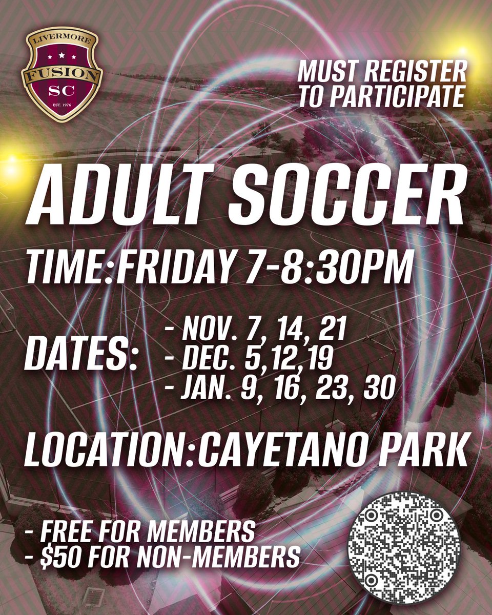 FusionSC's tweet image. Get ready for our Adult Pickup Soccer Fridays coming soon!! ⚽ Scan the QR code to register and join us at Cayetano Park! 🤳 #AdultPickupSoccer #PowerofFusion