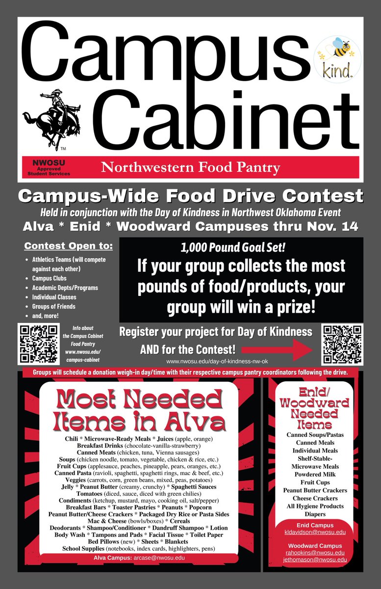 In association with the Nov. 14 Day of Kindness in NW OK event that #NWOSU &amp; area communities participate in, a campus wide food drive contest at the Alva, Enid &amp; Woodward campus locations has been added. Most pounds collected wins!

Learn more: bit.ly/3LfAkQo