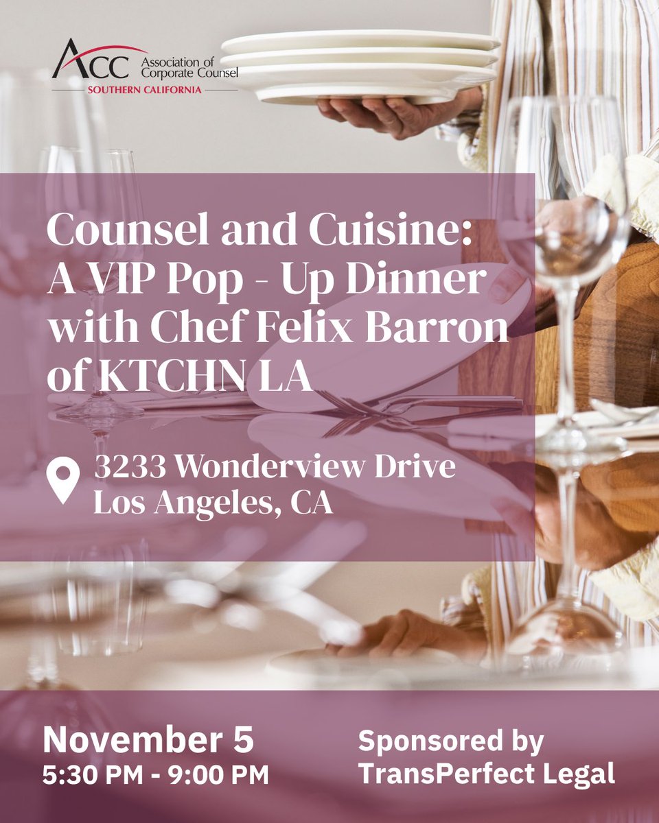 Counsel &amp; Cuisine: A VIP Pop-Up Dinner

This exclusive VIP dinner is thoughtfully curated to spark meaningful conversations and cultivate lasting connections among leading professionals shaping the future of the legal industry.

RSVP: acc.com/education-even…