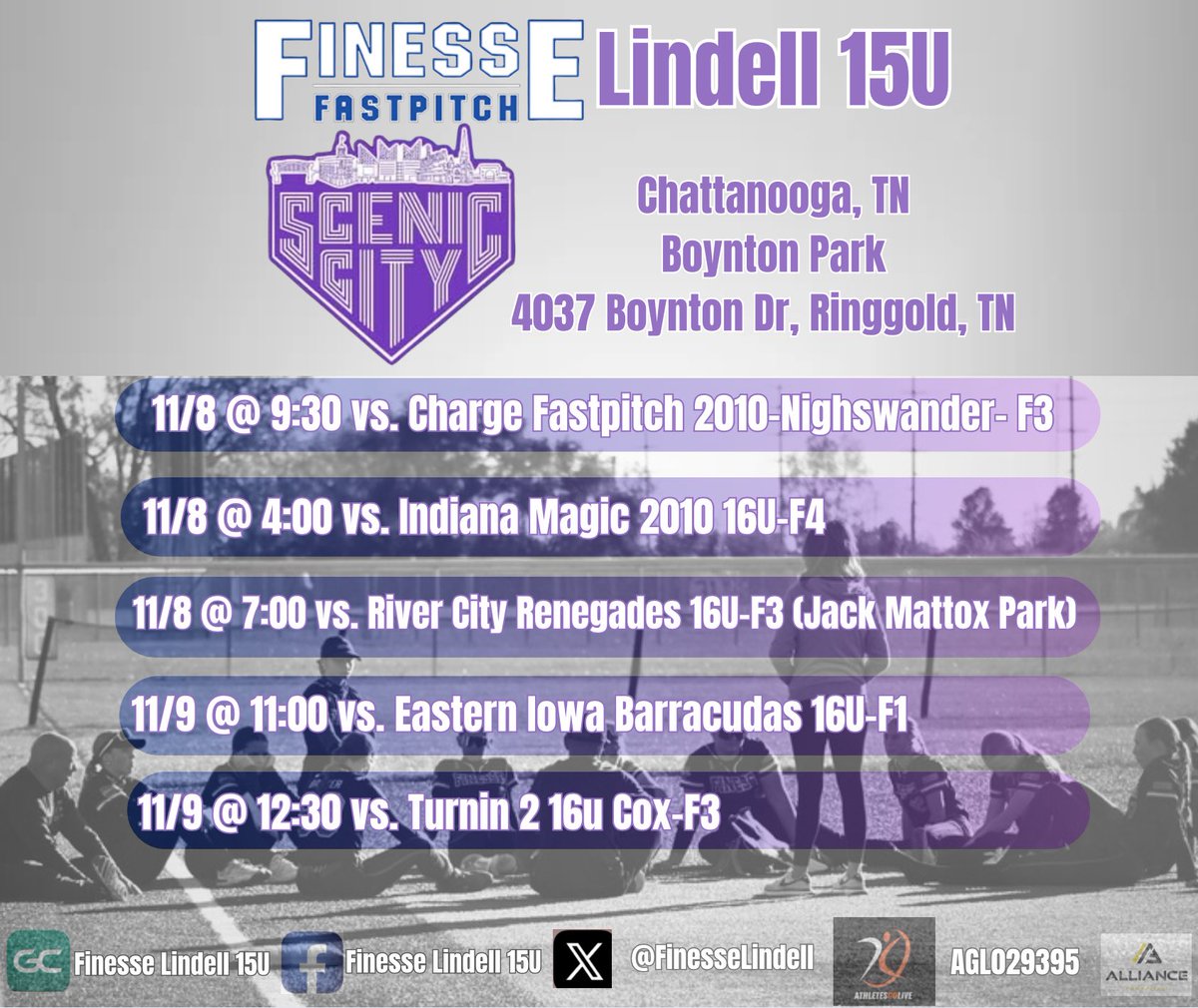 Last fall tournament for my team.  Heading to Scenic City to play great competition! Here is our schedule. 
I am playing in the All Star game (Team 10) on Friday at 6:00:
Warner Park- Field 3
301 N Holtzclaw Ave.
Chattanooga, TN
<a href="/FinesseLindell/">Finesse Lindell 15u</a> 
<a href="/marlagooding/">Marla Gooding</a> 
<a href="/ConnectSports_/">Connect Sports</a>