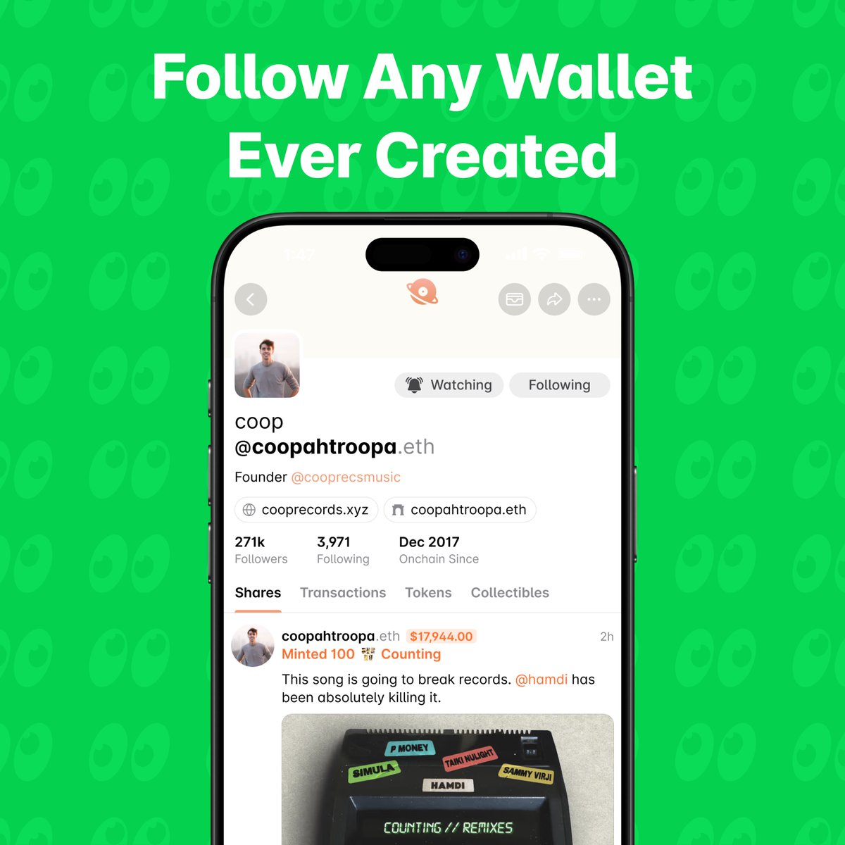 sharedotxyz's tweet image. Share is your onchain identity.

Every single Ethereum and Base wallet has a Share profile.
Search any address, @ensdomains, or @farcaster_xyz profile to see their transactions, tokens, and collectibles.

Connect with Farcaster to sync your followers and following to Share.