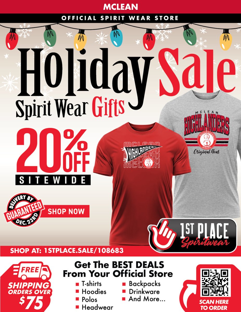 McLeanHSOrch's tweet photo. 🎁Our orchestra spirit wear website is having a Holiday Sale featuring 20% Off Sitewide until December 10th with guaranteed delivery by December 23rd. There will be an additional Friday Flash Sale on 11/7 with 40% off Hats &amp; Caps. Place your orders here: https://t.co/D8URqdvWAz https://t.co/8NGSUtTGuB