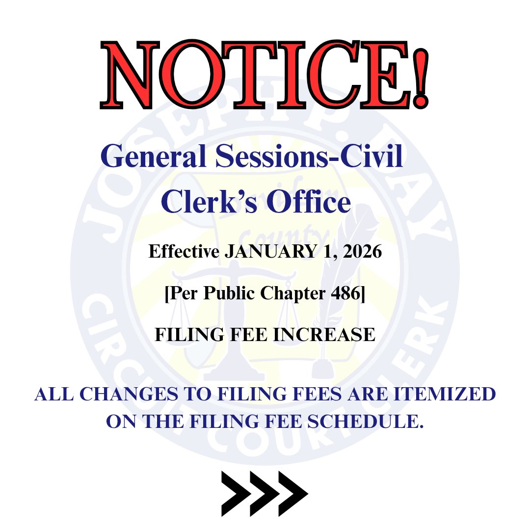 MetroCircuit's tweet image. NOTICE OF UPDATED FILING FEES – EFFECTIVE 1/1/26, PER PUBLIC CHAPTER 486

Click the link below to review the newly approved legislation impacting filing fees for certain case types in Tennessee courts. These changes are outlined in Public Chapter 486.

circuitclerk.nashville.gov/notice-of-upda…