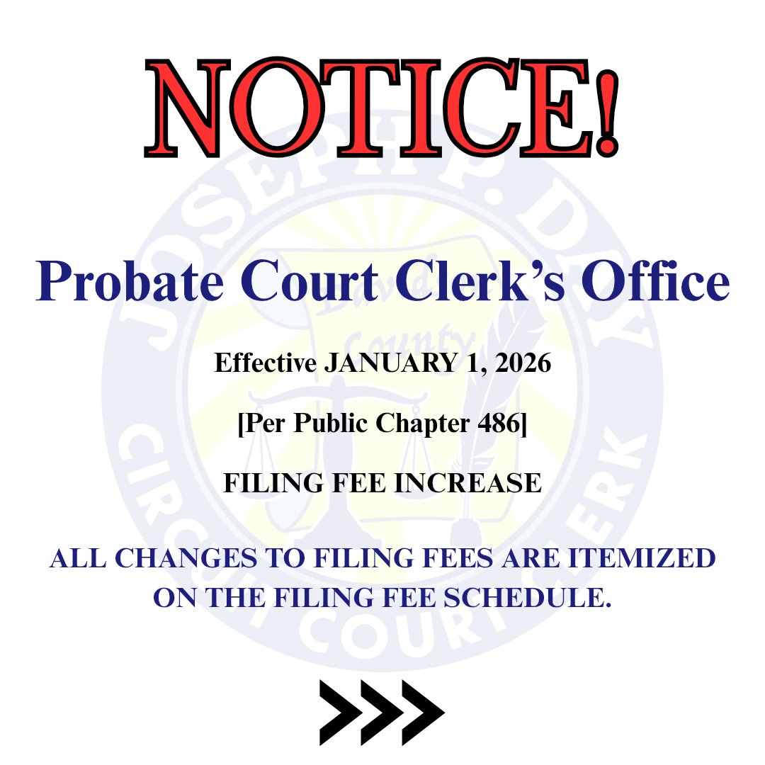 MetroCircuit's tweet image. NOTICE OF UPDATED FILING FEES – EFFECTIVE 1/1/26, PER PUBLIC CHAPTER 486

Click the link below to review the newly approved legislation impacting filing fees for certain case types in Tennessee courts. These changes are outlined in Public Chapter 486.

circuitclerk.nashville.gov/notice-of-upda…