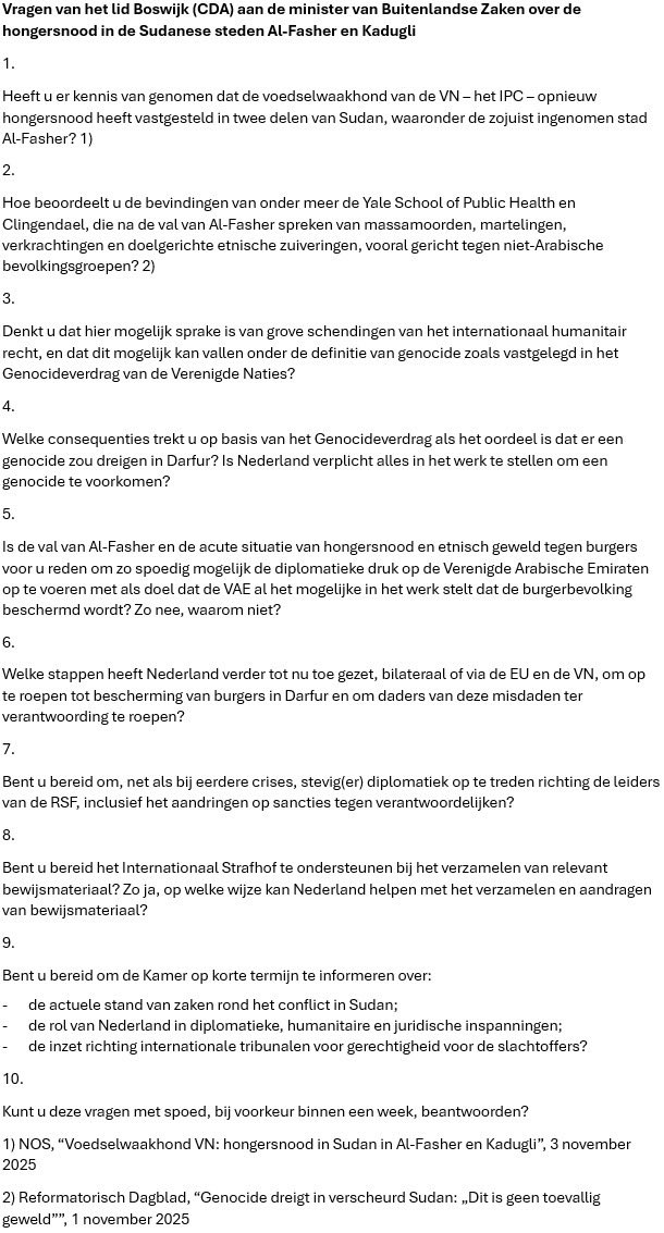DerkBoswijk's tweet image. Naar aanleiding van de verschrikkelijke berichten uit Soedan heb ik de volgende schriftelijke vragen gesteld aan de minister van Buitenlandse Zaken. 👇🏼
