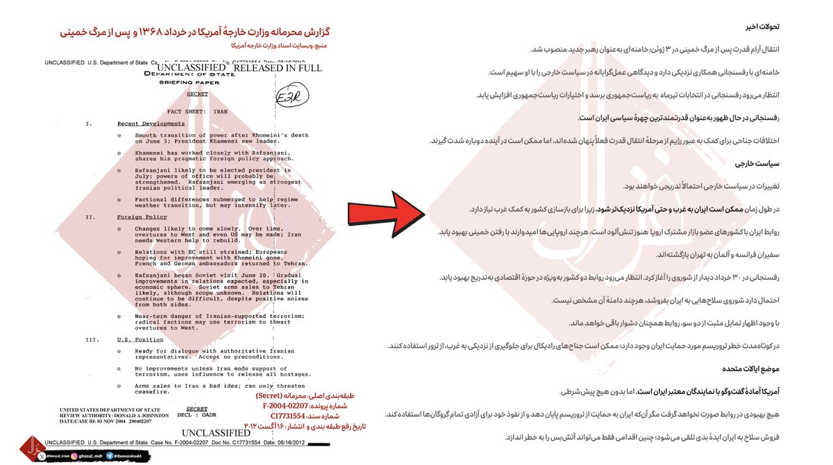 Gmod_irian's tweet image. 🚨اسناد چهار دهه سیاستِ غرب بر پایهٔ «میانه‌روهای دروغین»‼️

◀️۱۳۶۸ سند محرمانهٔ وزارت خارجهٔ آمریکا C17731554 – Fact Sheet  که بلافاصله پس از مرگ خمینی تدوین شد، نشان می‌دهد واشنگتن از قدرت‌گیری هاشمی رفسنجانی هیجان‌زده بود و به رفتار رهبر جدید، علی خامنه‌ای، با نگاهی امیدوارانه…