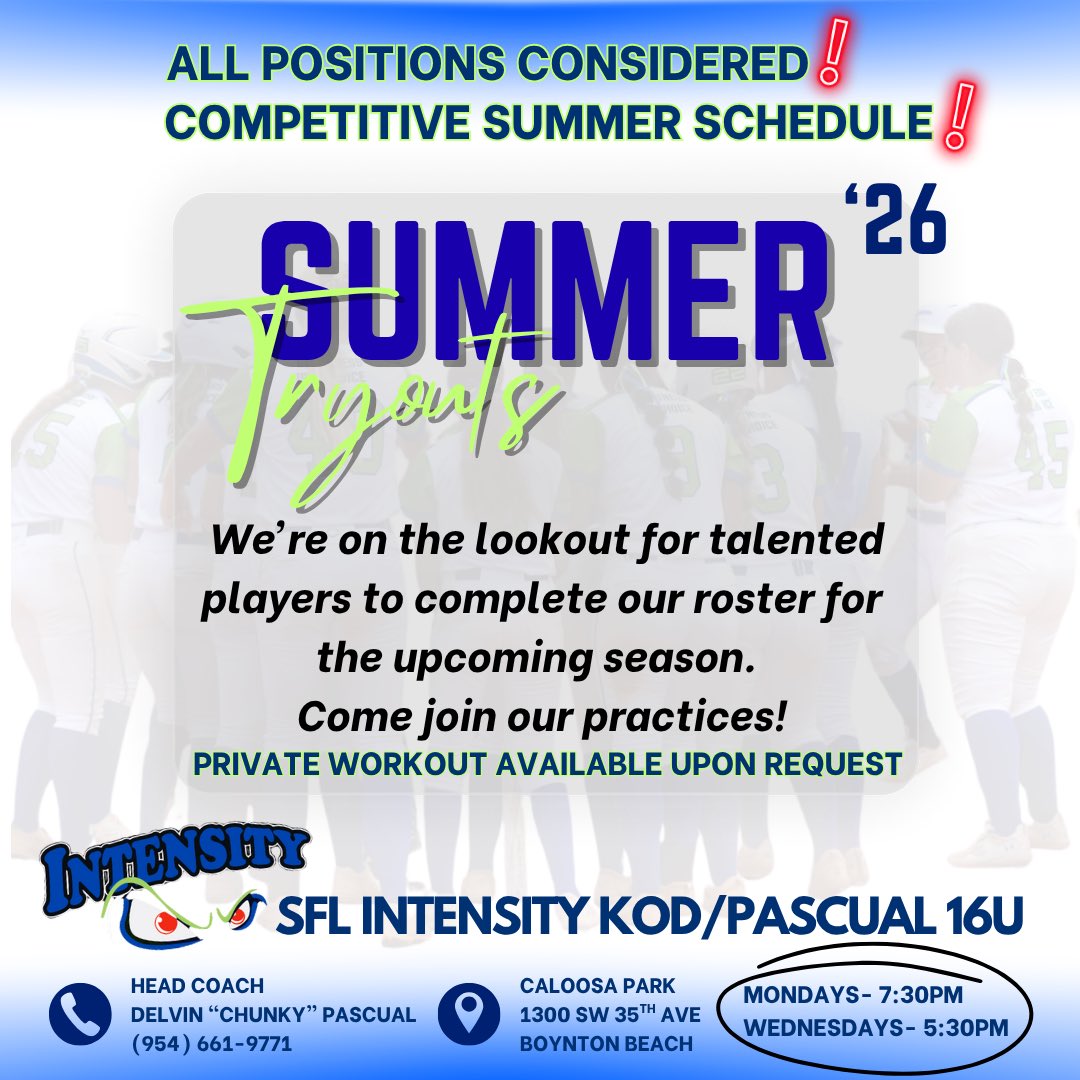 🥎SUMMER ROSTER OPPORTUNITY

We’re looking for dedicated athletes to join our talented summer roster! All positions will be considered

Join us for practice or DM for more information. 

🎯Caloosa Park
1300 SW 35th Ave
Boynton Beach, FL 33426
Mondays⏰7:30pm
Wednesdays⏰5:30pm
