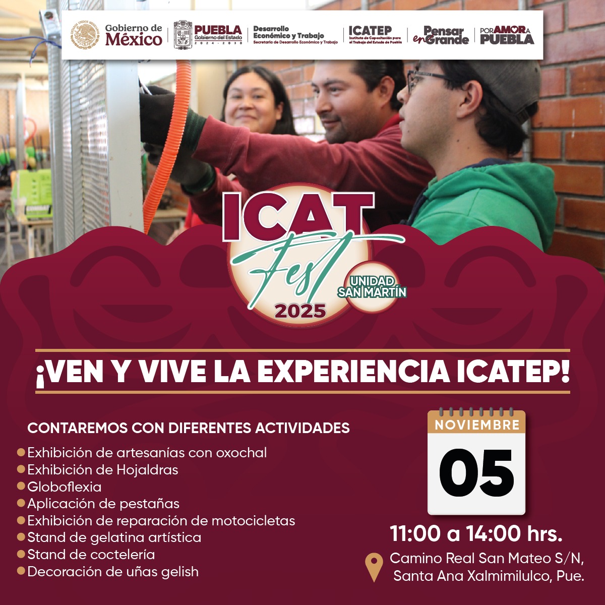 💡 El ICATFEST 2025 llega a <a href="/Icatep_SMT/">Icatep San Martin</a>  con una jornada dedicada al conocimiento y la formación.

Acompáñanos este 5 de noviembre, de 11:00 a 14:00 horas, y participa en conferencias, exhibiciones y distintas actividades.  ¡Participa!
#PensarEnGrande #PorAmorAPuebla <a href="/Gob_Puebla/">Gobierno de Puebla</a>