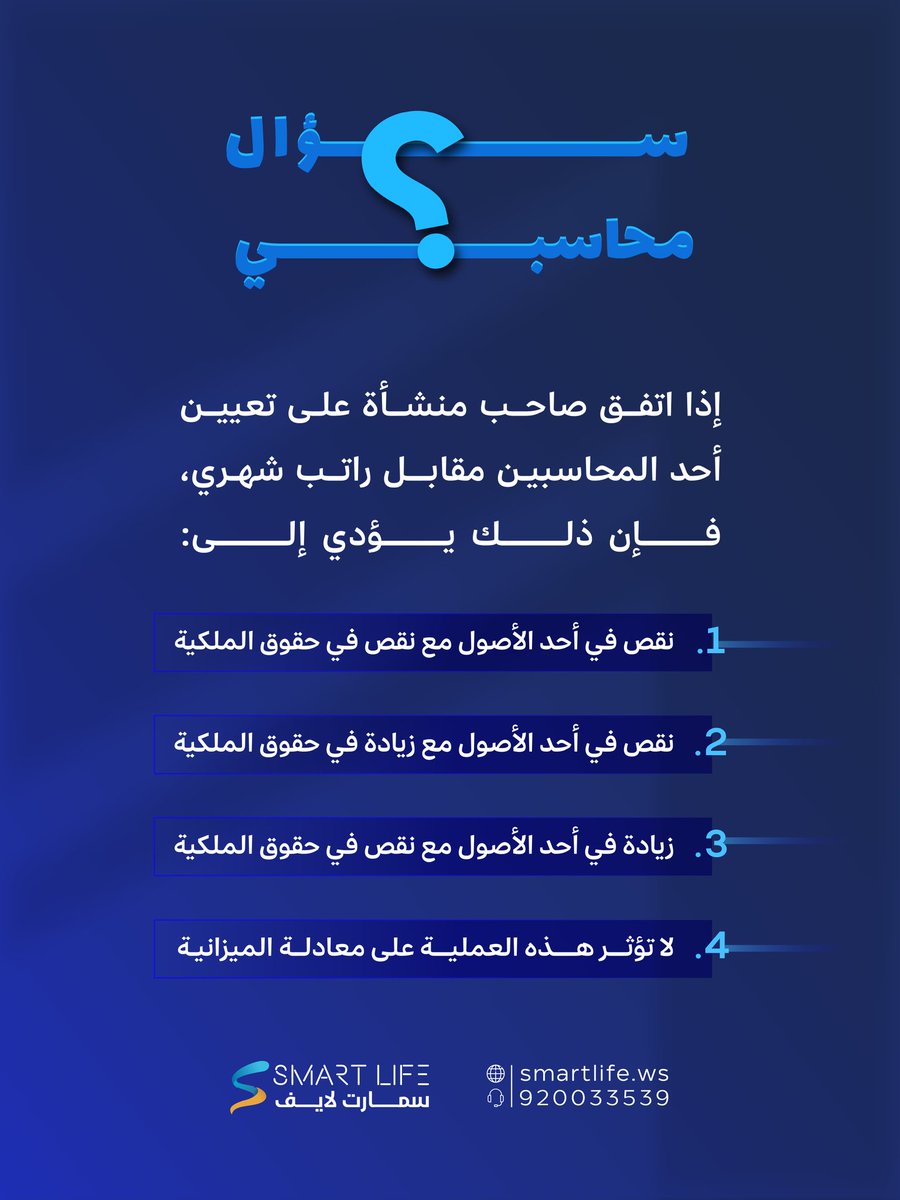 WebSmartlife's tweet image. #اختبار_محاسبي سريع📊
فكّر🧠وشاركنا إجابتك في التعليقات👇😉

#سؤال_محاسبي #محاسب #سمارت_لايف #اختيارك_للحياة_الذكية #خلك_سمارت #Be_smart #SMART_ERP