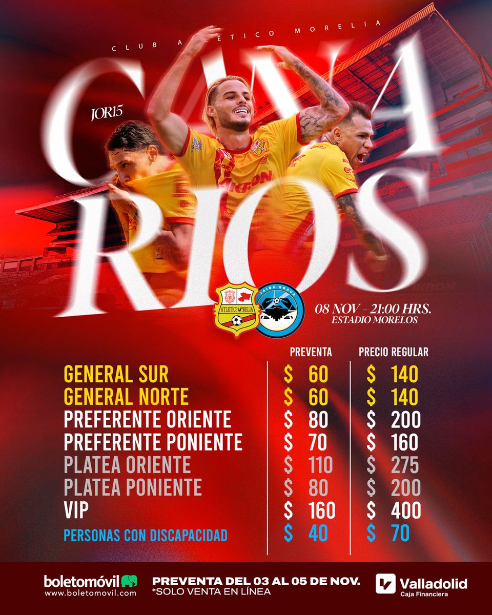 ¡Por la liguilla! El sábado recibimos a la <a href="/JaibaBrava_TM/">Jaiba Brava</a>. Aprovecha la preventa en <a href="/boletomovil/">Boletomóvil</a> y Keuka Plaza Escala Morelia 🎟️

🔗 boletomovil.com/evento/j15-atl…

#DelCanarioSoy