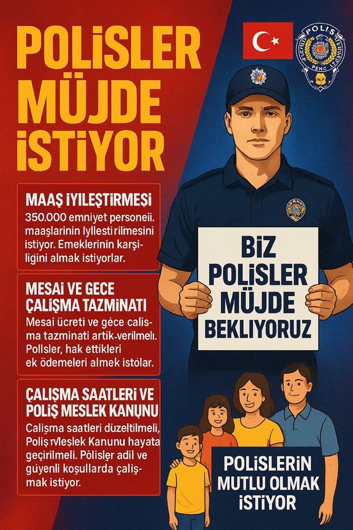Maaş iyileştirmesi, mesai ve gece tazminatlarının düzenlenmesi, çalışma saatlerinin düzenlenmesi ve tabii ki polis meslek kanunu 

#PolisKuruluBekliyor
