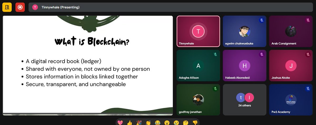 Cohort 9.0!  

DAY 1 of 12  
Course: Introduction to Blockchain 
Tutor: <a href="/TweetbyTinny/">T i n n y 🐳 || PW3</a>

Are you in class?