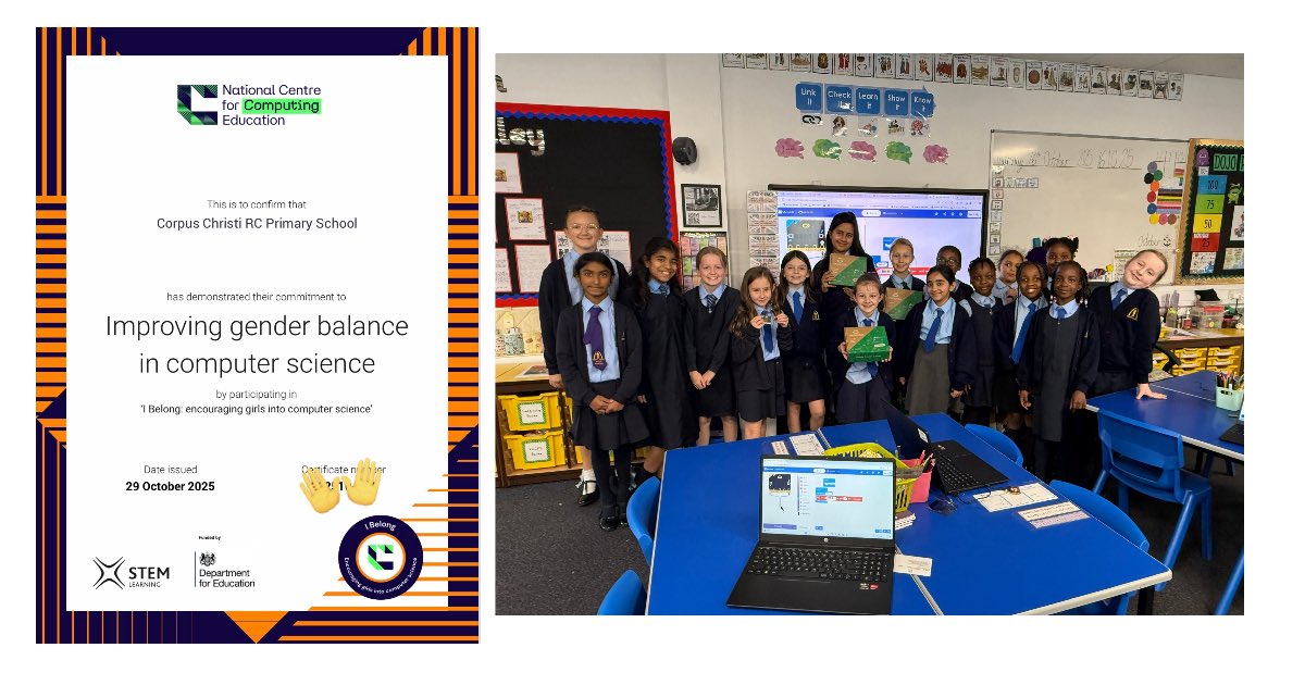CORPUS1275's tweet image. We are thrilled to have completed the I Belong programme and to achieve a certificate from the National Centre for Computing Education recognising our school’s commitment to improving gender balance in computer science. Well done to our children! @wearecomputing #IBelongCS