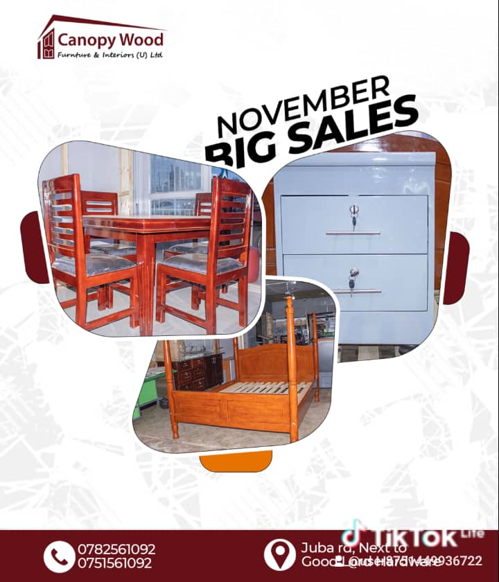 CANOPY WOOD FURNITURE U LTD has some flash sales for you .
Visit our showroom on juba road lira city or call us on 0782561092