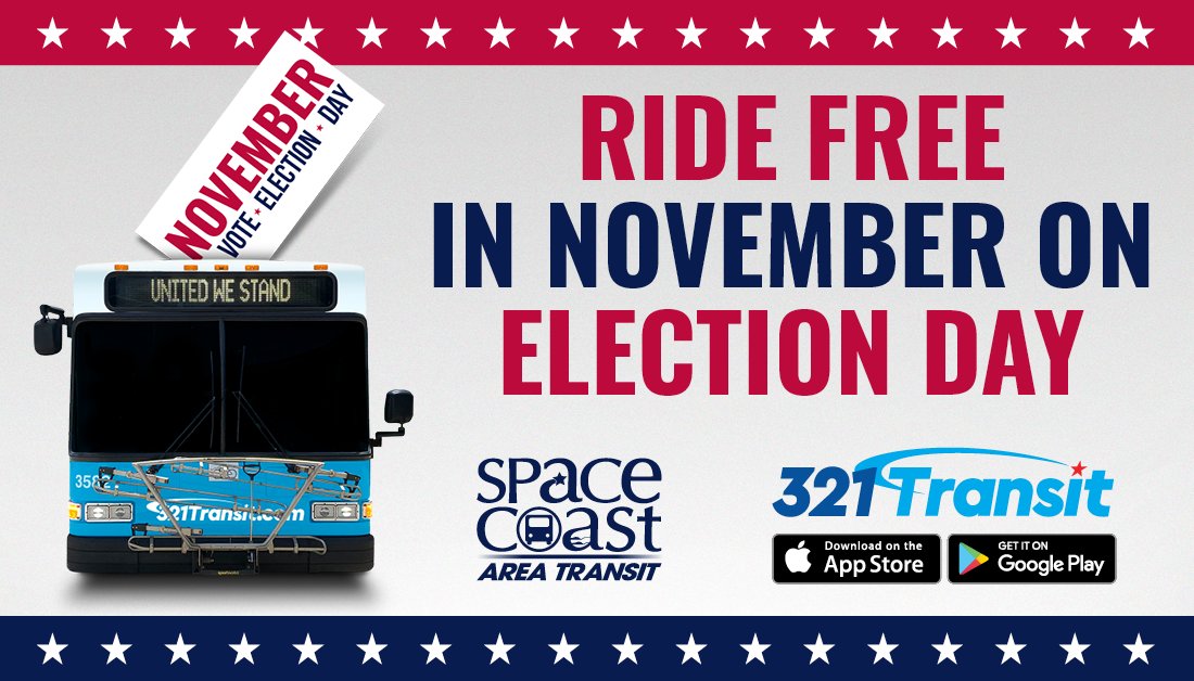 321Transit's tweet photo. Ride Free On Election Day, November 4th!
✅ Plan your trip at https://t.co/4UxkIcYRXE – check maps, schedules, and use the Trip Planner to find the best route.
#321Transit #SpaceCoastAreaTransit #Vote2025 #ElectionDay @BrevardCountyGovt https://t.co/9hX3EaHIcl
