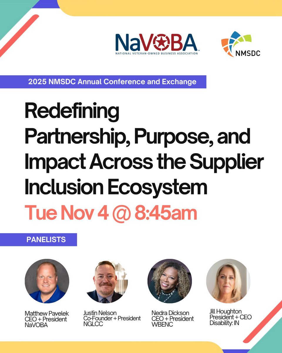 NaVOBA's tweet image. NaVOBA is helping veteran-owned businesses navigate the evolving economy! 
CEO Matthew Pavelek speaks on “Redefining Partnership, Purpose &amp;amp; Impact”

📅 Nov 4 | 8:45 AM at NMSDC Annual Conference &amp;amp; Exchange

#NavigateTheNow #VBEs #SDVBEs #VeteranOwned #NaVOBAatNMSDC