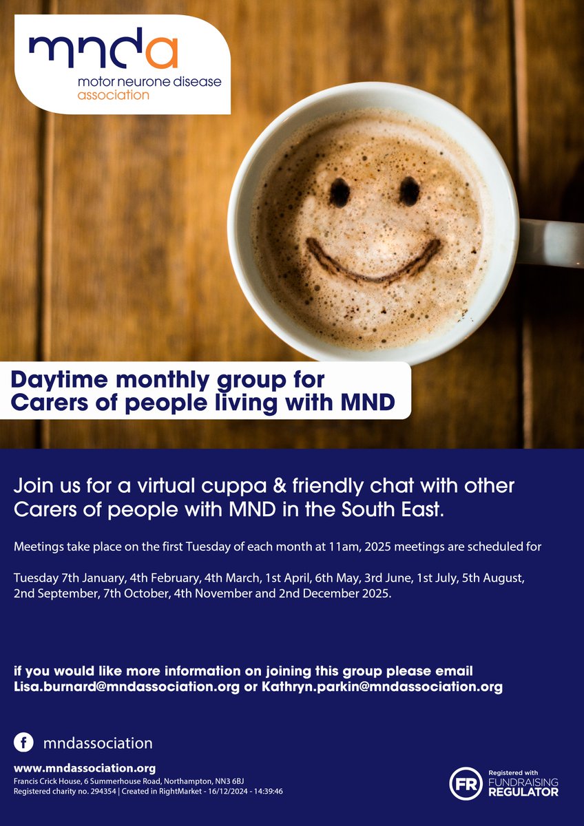WL_MND's tweet image. Caring for someone with MND? 💙

Join our daytime monthly virtual cuppa ☕—a friendly chat for carers in the South East.

🗓 1st Tuesday of each month at 11am- next meeting tomorrow 4th November.

#MND #CarersSupport #MNDA #Community