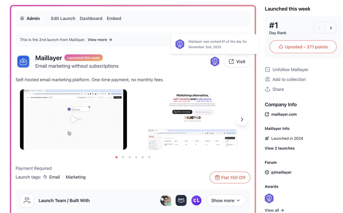 Maillayer @ProductHunt 發布了統計數據。
🏆 今日最佳產品 #1
👀 3.37k 頁面瀏覽量
💰 收入 1,188 美元
📢 發推文曝光量達 2 萬次
這款電子郵件行銷工具將成為您新創公司最佳的電子郵件