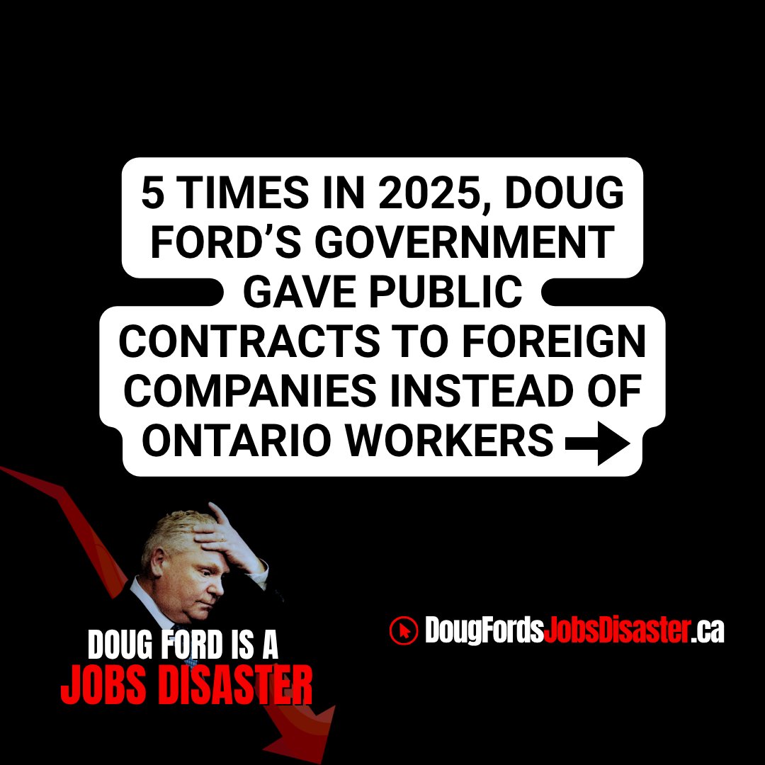 OntarioNDP's tweet photo. Here are 5 times in 2025 the Ford gov't sent Ontario jobs overseas:

• Garden City Skyway – foreign firms
• Trillium Hospital – U.S. company
• WSIB – jobs to Boston
• Ottawa Civic Hospital – U.S. bidders
• E.C. Row Expressway – Korean steel

It’s time to Buy Ontario First. https://t.co/hRVb1Ho5J5