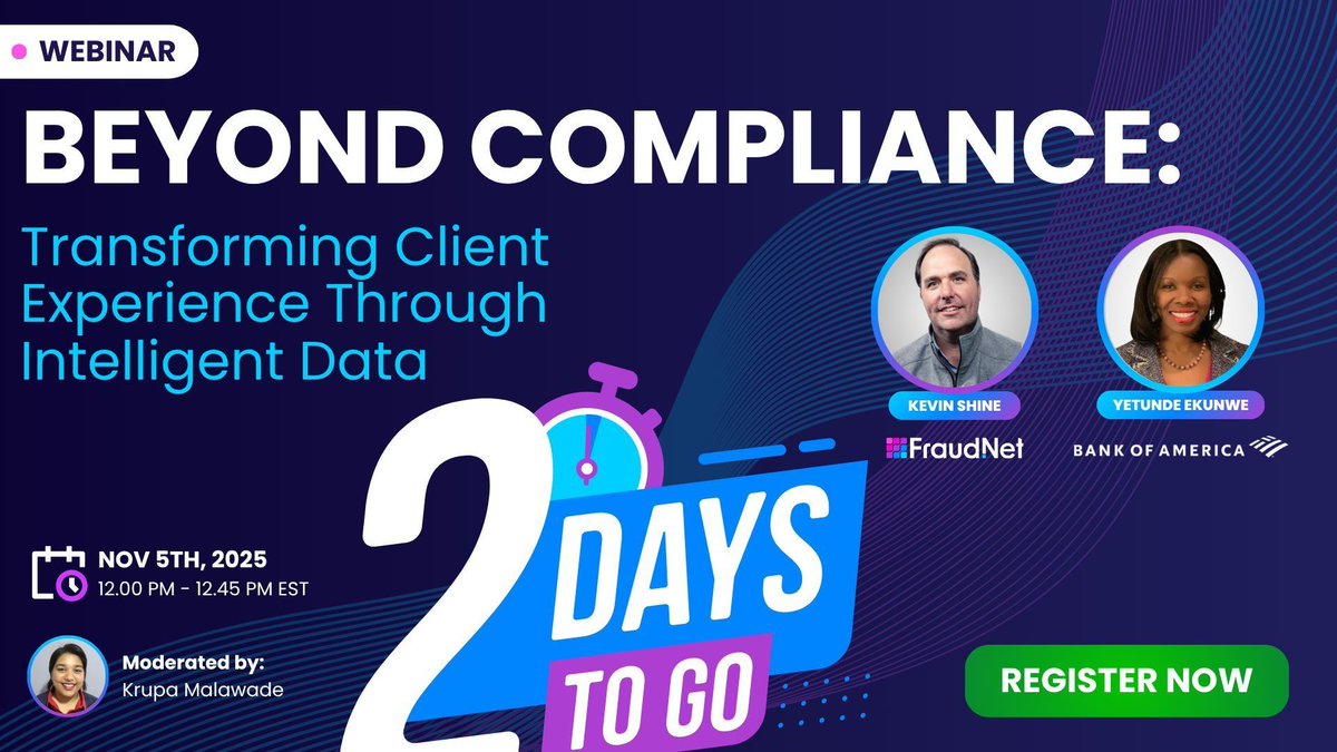 Only TWO MORE DAYS until our exclusive webinar with Yetunde Ekunwe and Kevin Shine. On November 5, learn how smarter data strategies can help you streamline compliance, accelerate fraud decisioning, and reduce client friction - ultimately benefiting your bottom line. Save your