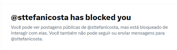 A <a href="/sttefanicosta/">Stefani Costa</a> bloqueou-me. Não sem antes me injuriar, parece que alguém não gosta de ser contrariada no seu discurso de ódio contra Portugal e os Portugueses. Então a critica silencio-me... Pensa ela...