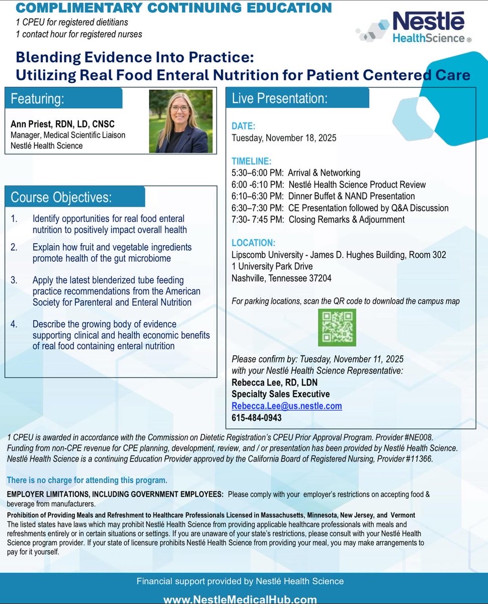 EatRightNash's tweet photo. NAND 🤝 Nestlé ‼️RVSP required

Join us for our Fall Member Meeting on Tuesday, November 18 at Lipscomb University!

Earn 1 CEU credit when you attend to learn more about using real food in enteral nutrition!
💌RSVP by emailing Rebecca Lee at Rebecca.Lee@us.nestle.com https://t.co/0YKWQQLZCS