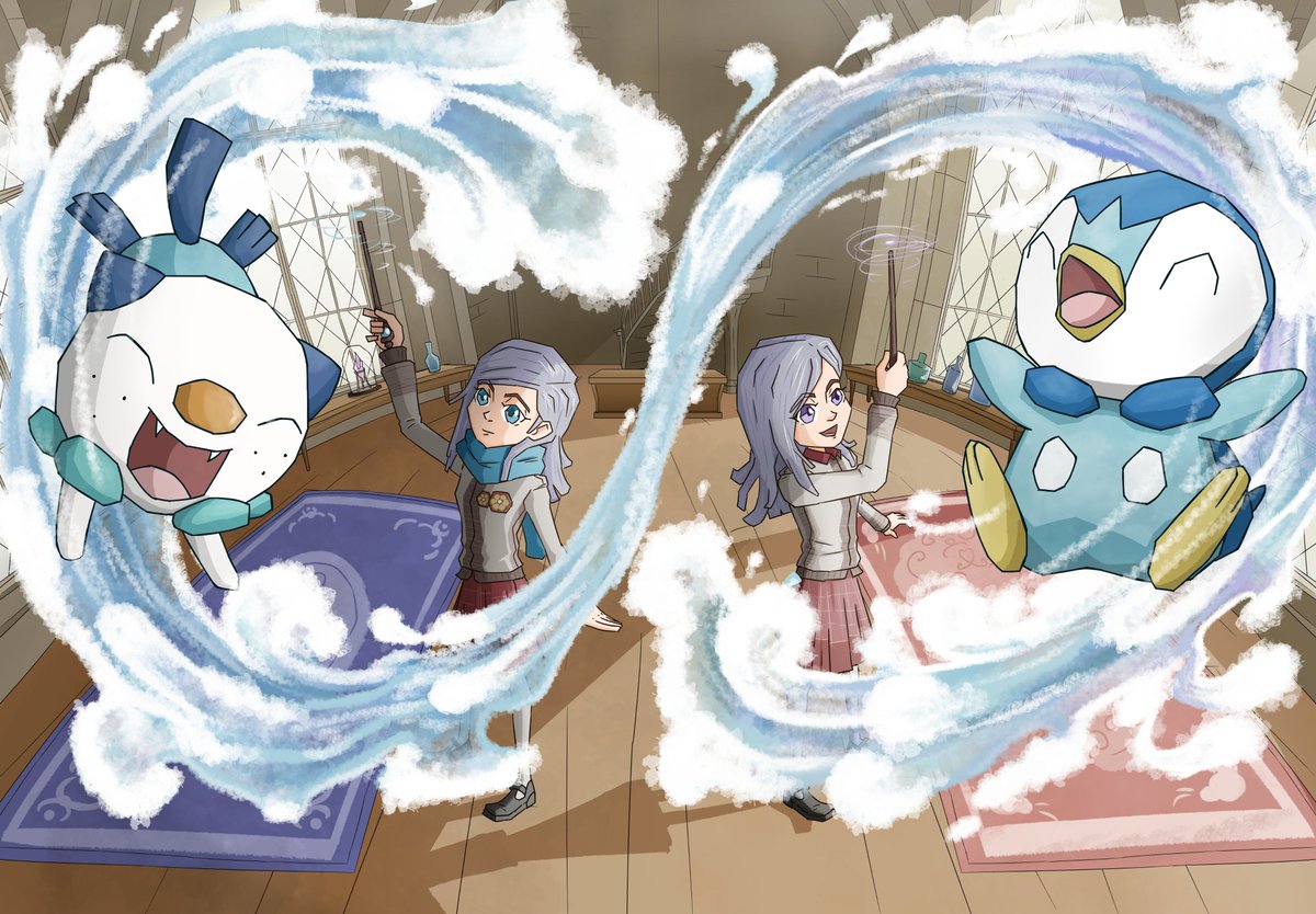 Warrington twins with Oshawott and Piplup. Cute sisters with cute  Water-types., image size:1200x834