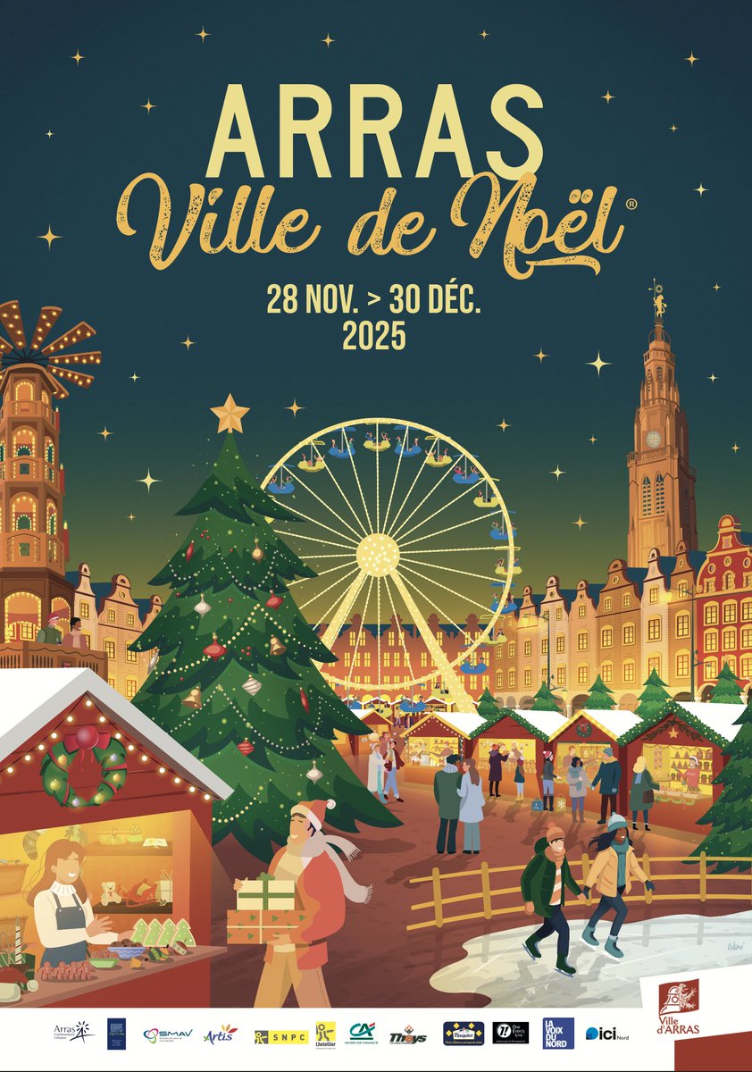 VilleArras's tweet photo. 🎄 Vous avez découvert l’affiche de la #Villedenoel2025… mais quel est votre détail préféré ? 👀

La Grande Roue 🎡, le Lion d’#Arras 🦁 ou les lumières féériques ? ✨ https://t.co/mcO3s7tIUW